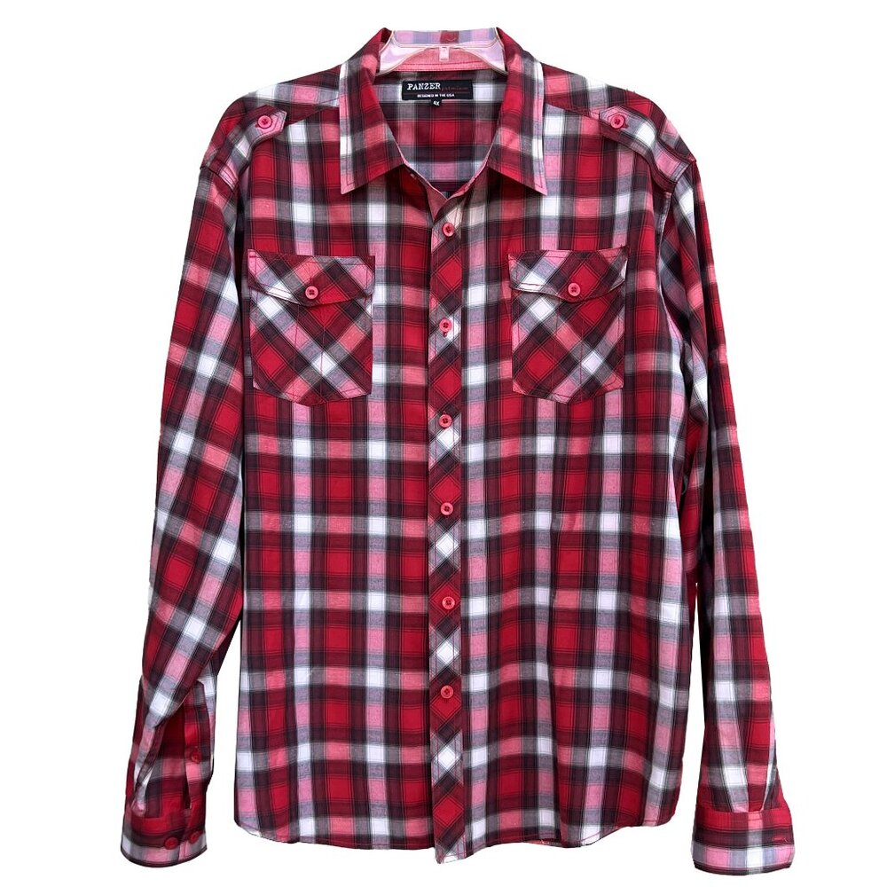 Panzer Red Long Sleeve Plaid Shirt - 4X Miliary Style, Epaulettes, Pockets